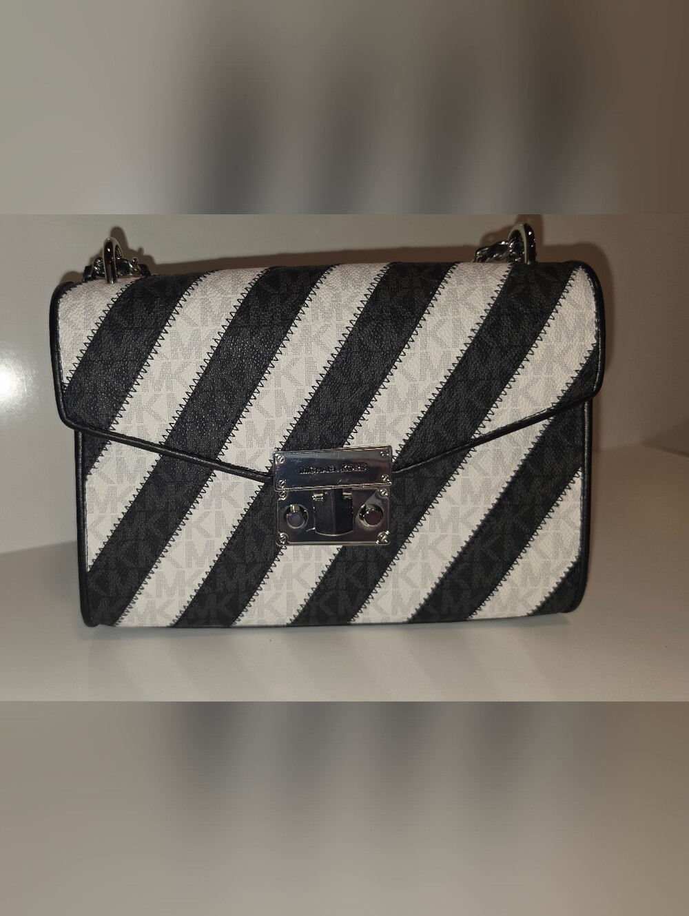 Michael Kors Black and White Diagonal Stripe Shoulder Bag EUC